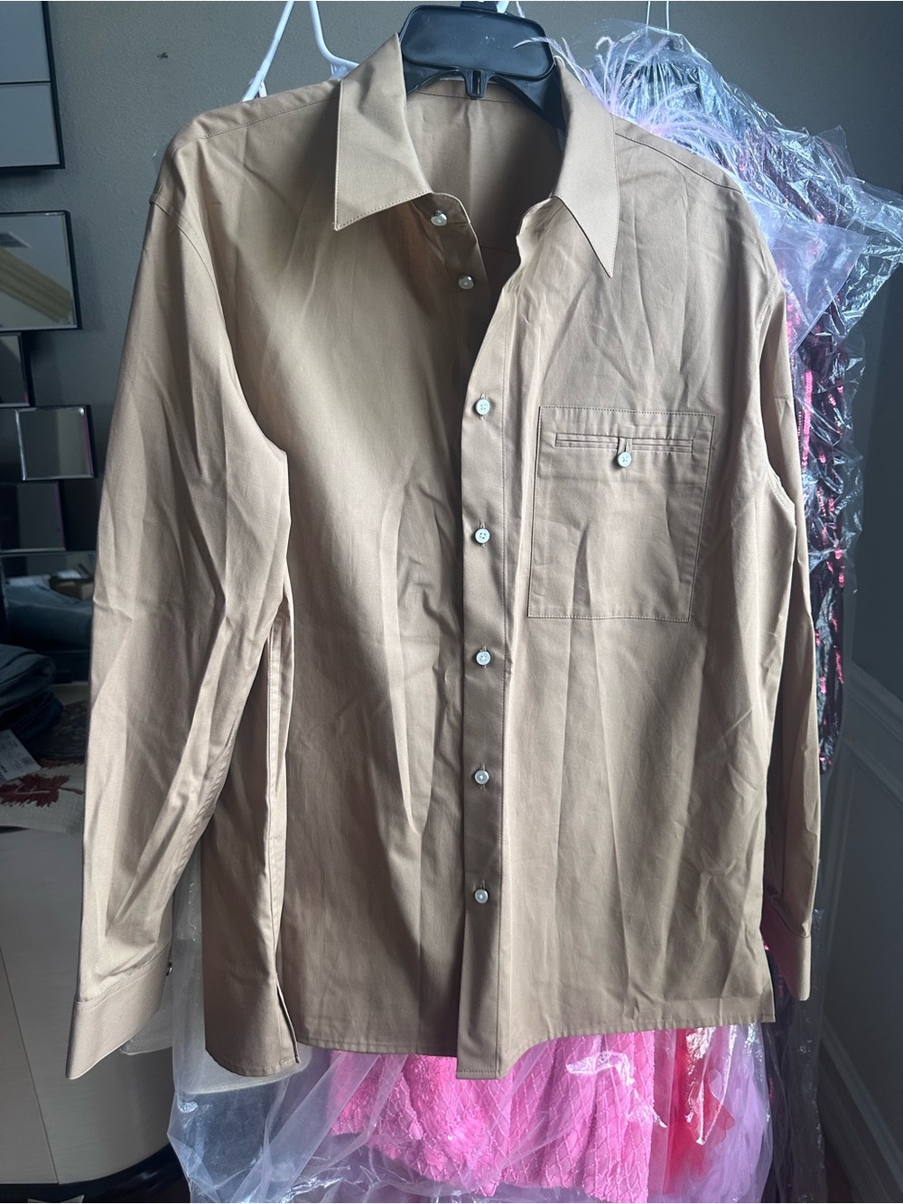 Helmut Lang Men's Light Brown Button-Down Dress Shirt